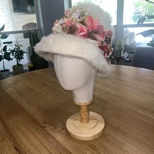 Off White Ivory Fur Hat With Flowers‎ Vintage 50s Mr Joseph's Mousse HB France